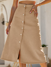 Single-breasted high-waisted corduroy midi skirt