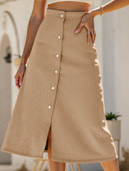 Single-breasted high-waisted corduroy midi skirt