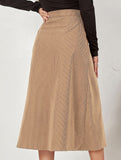 Single-breasted high-waisted corduroy midi skirt