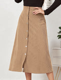 Single-breasted high-waisted corduroy midi skirt