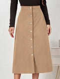 Single-breasted high-waisted corduroy midi skirt