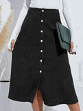 Single-breasted high-waisted corduroy midi skirt