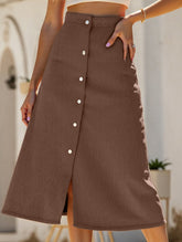 Single-breasted high-waisted corduroy midi skirt