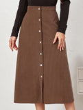 Single-breasted high-waisted corduroy midi skirt