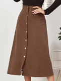 Single-breasted high-waisted corduroy midi skirt