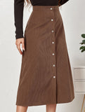 Single-breasted high-waisted corduroy midi skirt