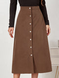 Single-breasted high-waisted corduroy midi skirt