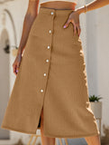Single-breasted high-waisted corduroy midi skirt