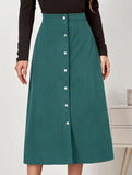 Single-breasted high-waisted corduroy midi skirt