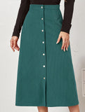 Single-breasted high-waisted corduroy midi skirt