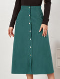 Single-breasted high-waisted corduroy midi skirt