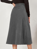 Single-breasted high-waisted corduroy midi skirt