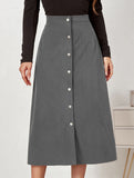 Single-breasted high-waisted corduroy midi skirt
