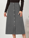 Single-breasted high-waisted corduroy midi skirt