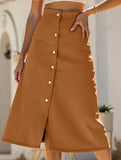 Single-breasted high-waisted corduroy midi skirt