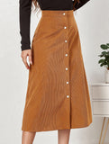 Single-breasted high-waisted corduroy midi skirt