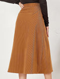 Single-breasted high-waisted corduroy midi skirt