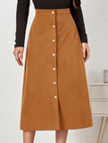 Single-breasted high-waisted corduroy midi skirt
