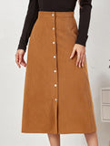 Single-breasted high-waisted corduroy midi skirt
