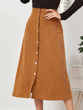 Single-breasted high-waisted corduroy midi skirt