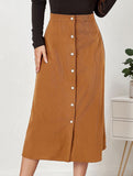 Single-breasted high-waisted corduroy midi skirt