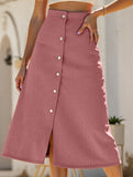 Single-breasted high-waisted corduroy midi skirt