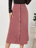 Single-breasted high-waisted corduroy midi skirt