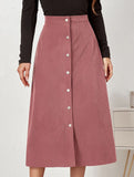 Single-breasted high-waisted corduroy midi skirt