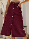 Single-breasted high-waisted corduroy midi skirt