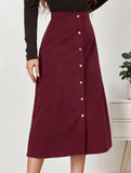 Single-breasted high-waisted corduroy midi skirt