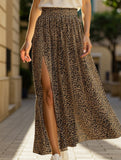 A-line leopard print floral midi skirt with slit