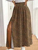 A-line leopard print floral midi skirt with slit