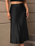 Solid color A-line satin midi skirt