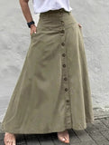 A-line high-waisted midi skirt with button front slit