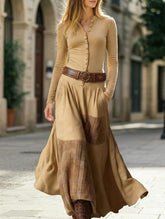 Suede plaid patchwork retro-style dress with belt