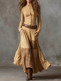 Suede plaid patchwork retro-style dress with belt