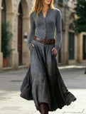 Suede plaid patchwork retro-style dress with belt
