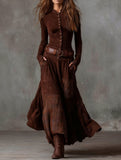Suede plaid patchwork retro-style dress with belt