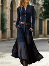 Suede plaid patchwork retro-style dress with belt