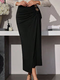 Rose Metal Buckle Ruched Bodycon Skirt_CWBLS00838