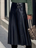 PU Leather Ruched A Line Skirt_CWBLS00850
