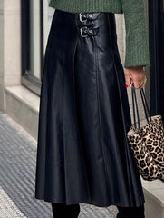 PU Leather Ruched A Line Skirt_CWBLS00850