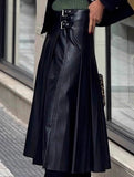 PU Leather Ruched A Line Skirt_CWBLS00850