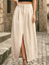 Pure Linen Front Slit Midi Skirt_CWBLS00855