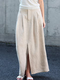 Pure Linen Front Slit Midi Skirt_CWBLS00855