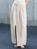 Pure Linen Front Slit Midi Skirt_CWBLS00855