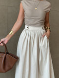 Solid Color Waist Drop Slimming Hemline Skirt ??Elegant Cotton Linen Midi Skirt