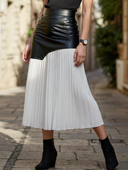 High Waist Patchwork Skirt with Flowing Pleated Fit