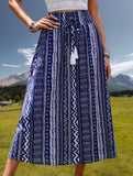 Boho Fringe Belt Tie Midi Skirt
