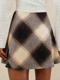 High-waisted plaid A-line skirt with elastic zipper